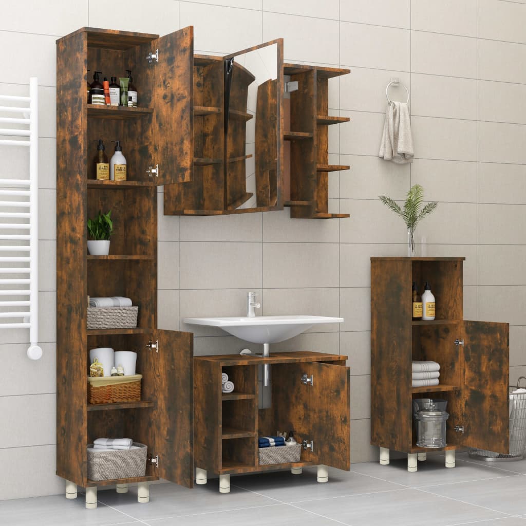Engineered Wood Bathroom Cabinet in Smoked Oak, 30x30x95 cm
