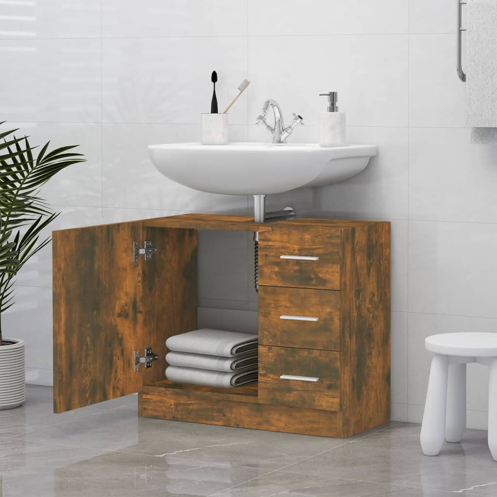 Smoked Oak Engineered Wood Sink Cabinet 63x30x54 cm