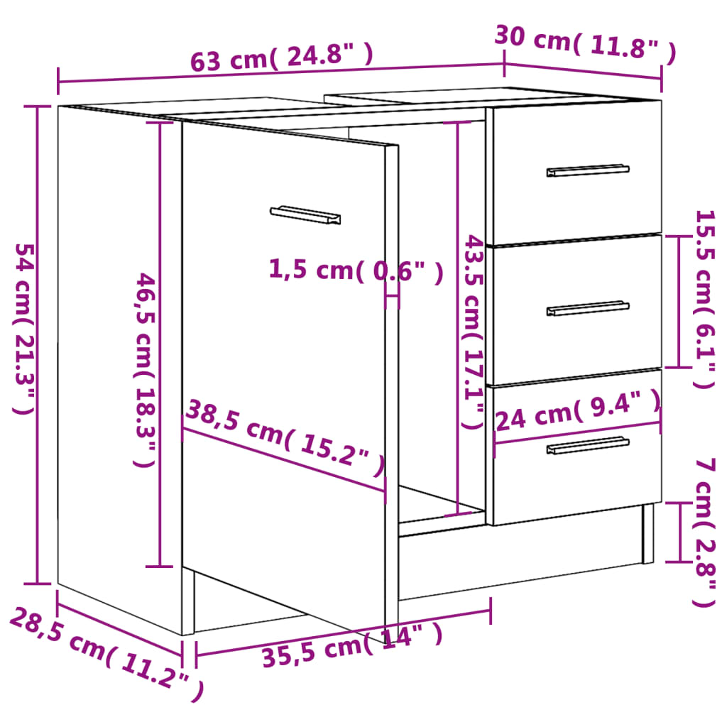 Brown Oak Engineered Wood Sink Cabinet 63x30x54 cm