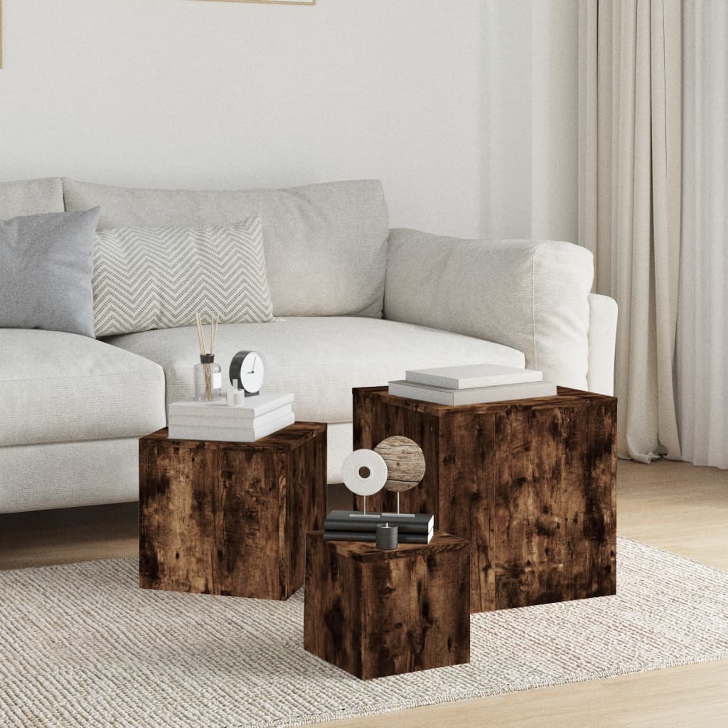 3-Piece Smoked Oak Side Table Set - Engineered Wood