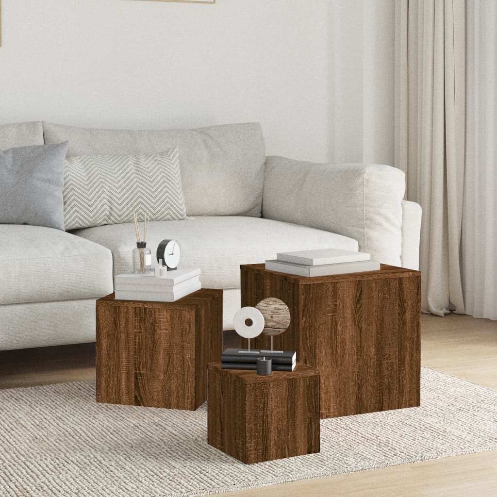 3-Piece Brown Oak Engineered Wood Side Table Set