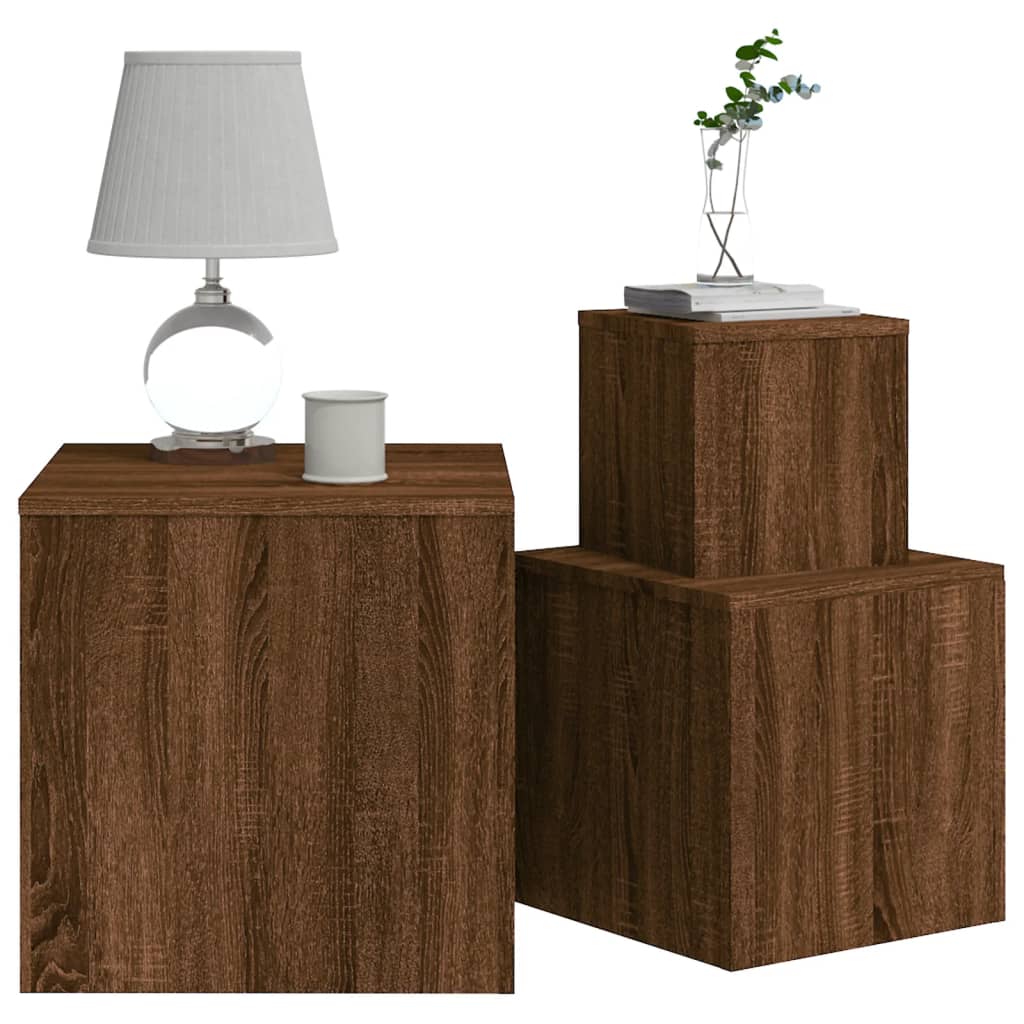 3-Piece Brown Oak Engineered Wood Side Table Set