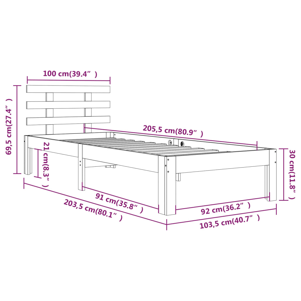 Honey Brown Solid Wood Bed Frame 100x200 cm - No Mattress Included