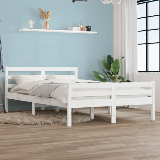 White Solid Wood Double Bed Frame 135x190 cm - No Mattress Included