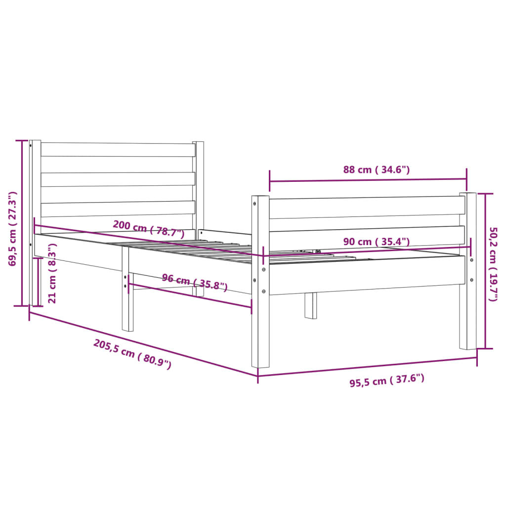 Solid Wood Black Bed Frame - 90x200 cm (Mattress Not Included)