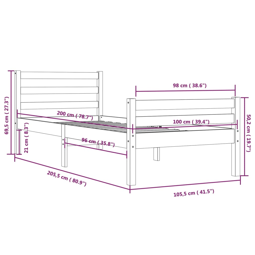 Solid Wood Bed Frame, White, 100x200 cm - Mattress Not Included