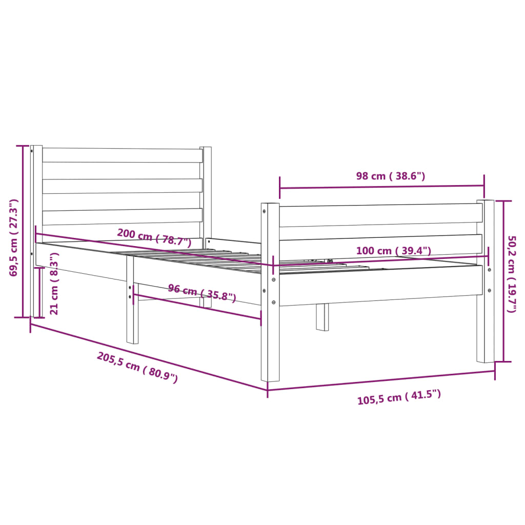 Bed Frame without Mattress Grey Solid Wood 100x200 cm
