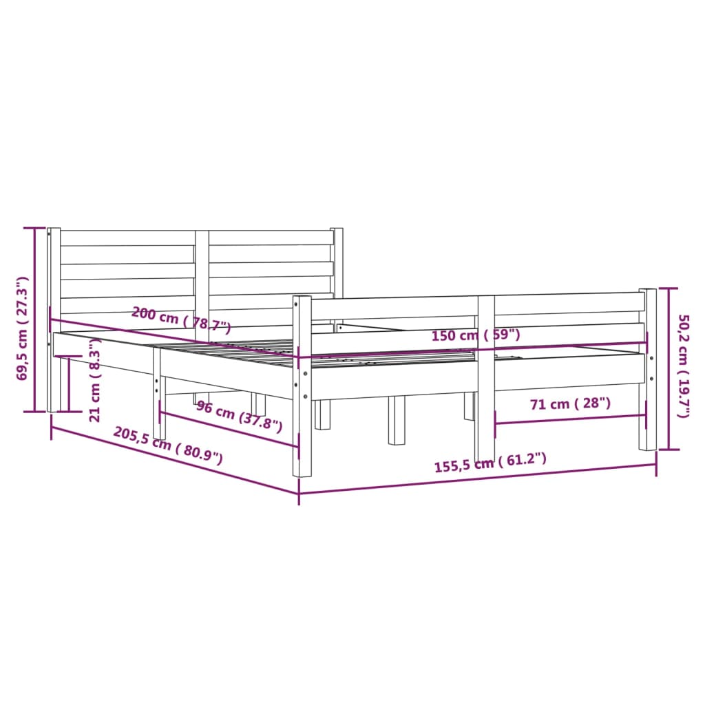Solid Wood Grey King Size Bed Frame 150x200 cm - No Mattress Included