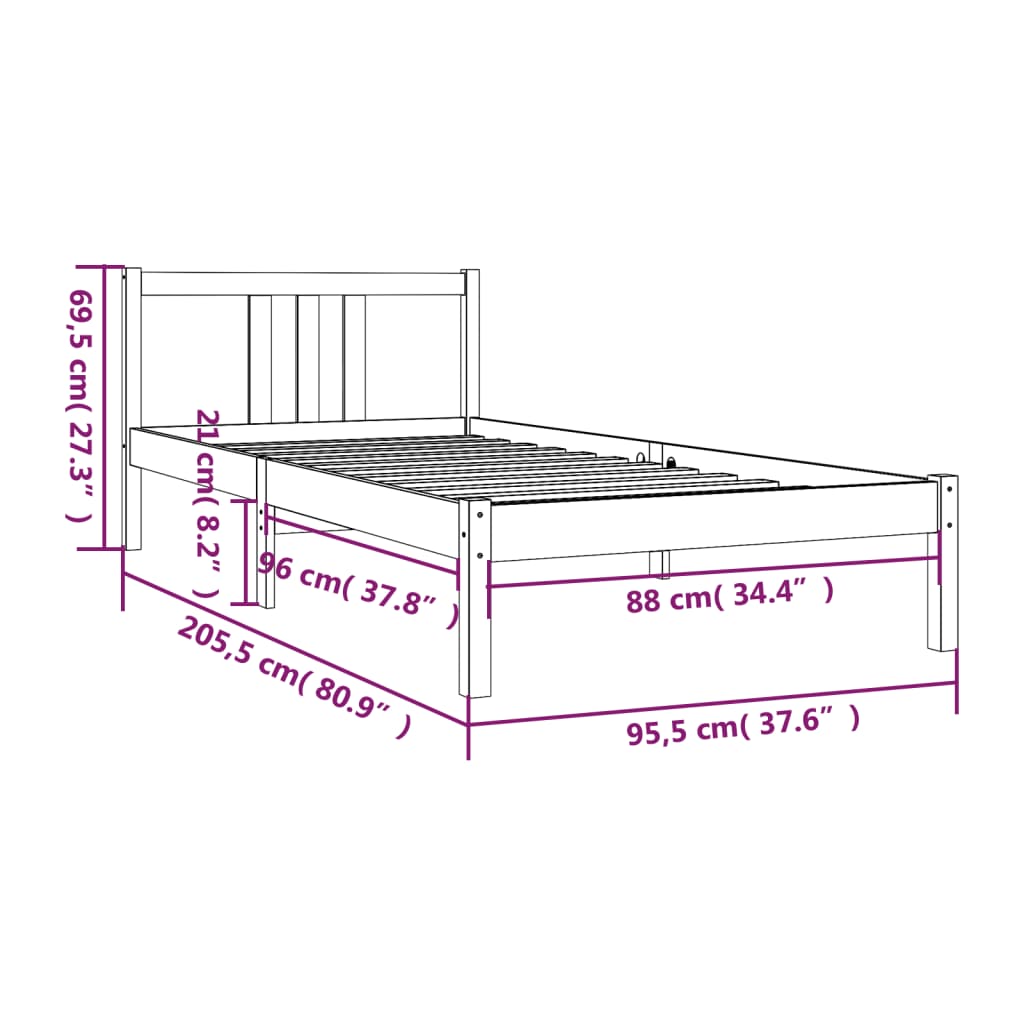 Solid Wood Bed Frame, Honey Brown, 90x200 cm, No Mattress