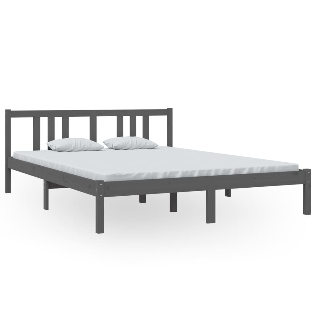Grey Solid Wood King Size Bed Frame - 150x200 cm, No Mattress