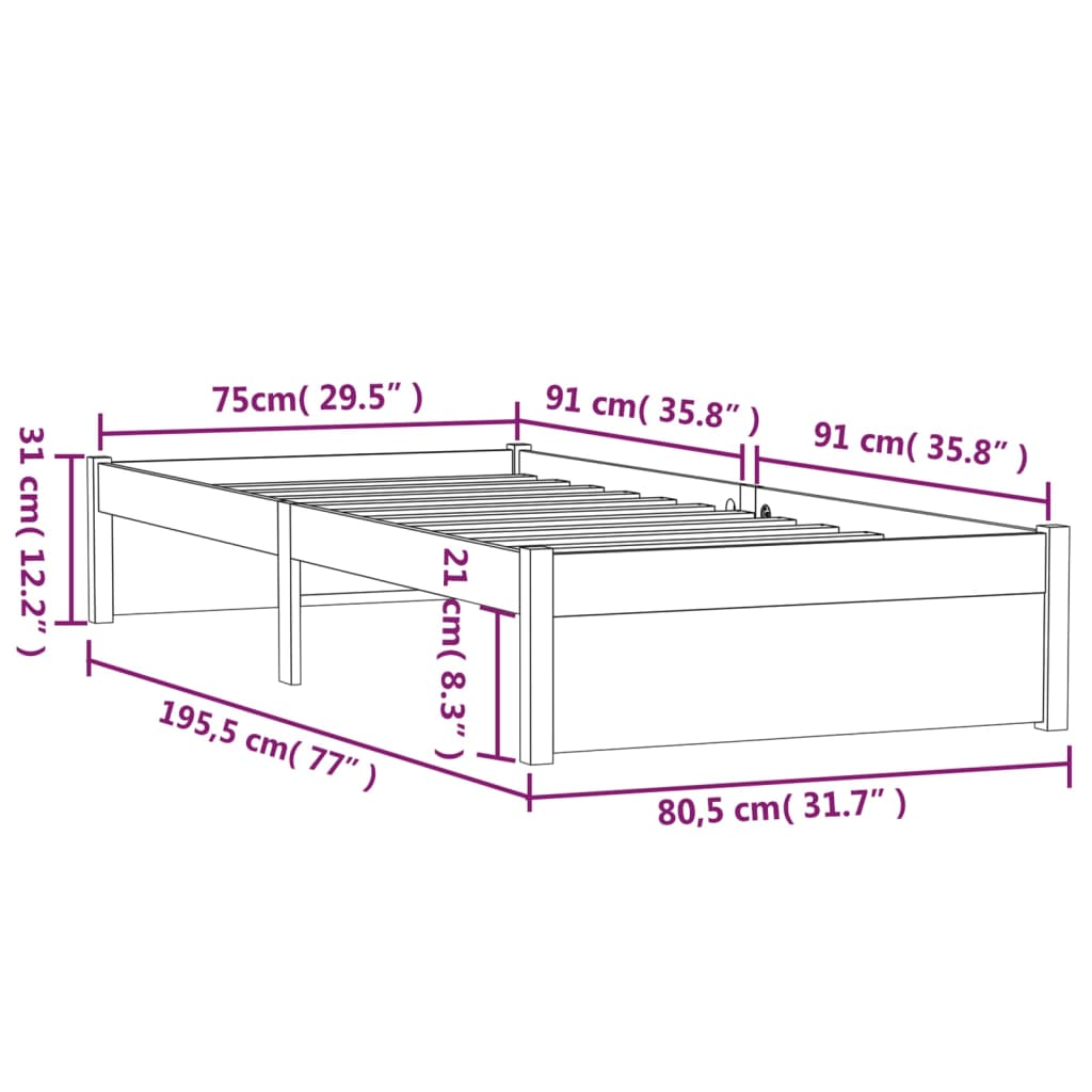 Solid Wood Black Bed Frame 75x190 cm - Small Single Size