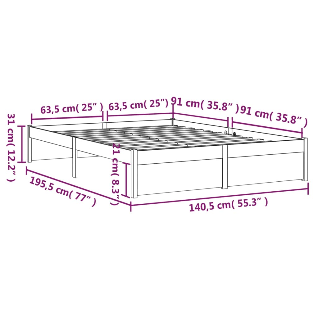 Grey Solid Wood Double Bed Frame 135x190 cm - No Mattress Included