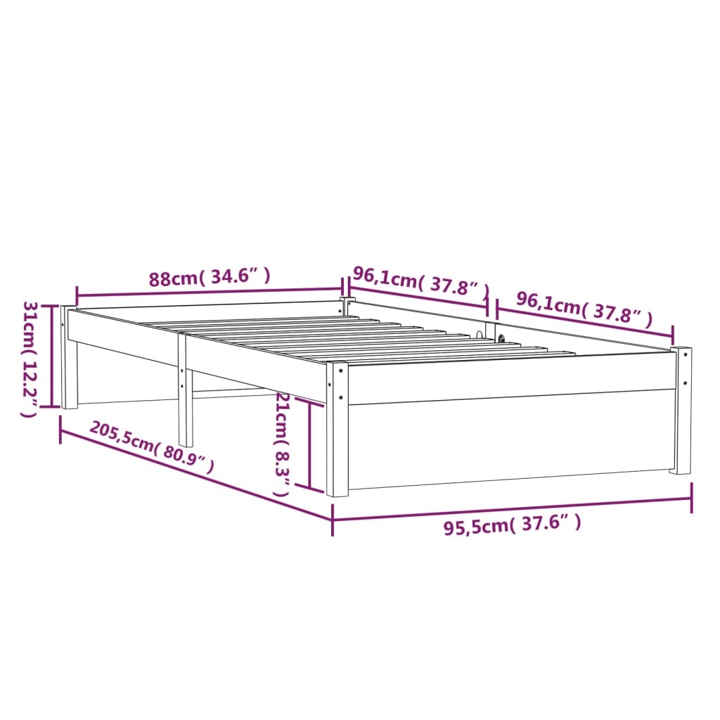 Solid Wood Honey Brown Bed Frame 90x200 cm - No Mattress Included