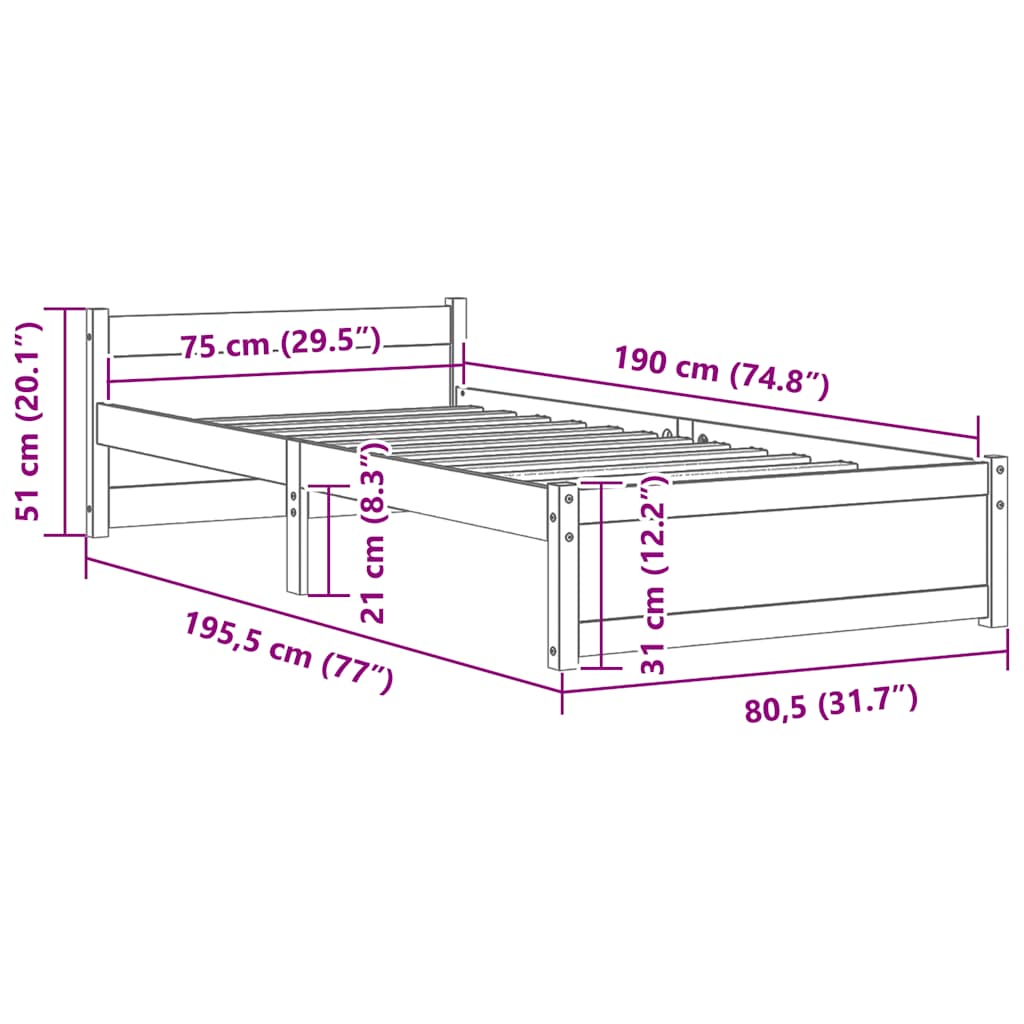 Honey Brown Solid Wood Bed Frame 75x190cm - Small Single Size