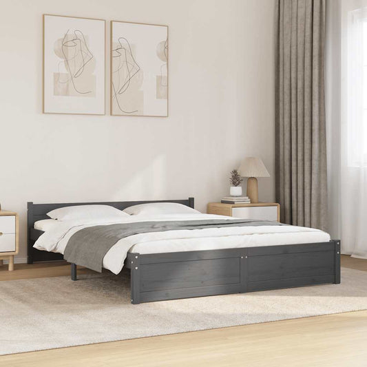 Solid Wood Grey Double Bed Frame 135x190 cm - No Mattress