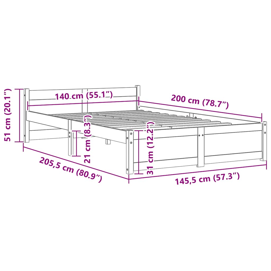 Solid Wood Bed Frame 140x200 cm - Elegant & Sturdy Design