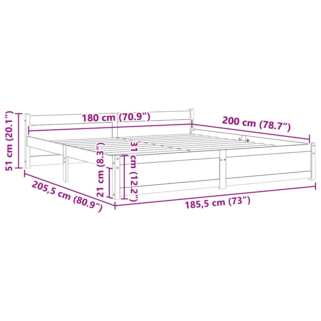 Solid Wood Super King Bed Frame 180x200 cm - No Mattress Included
