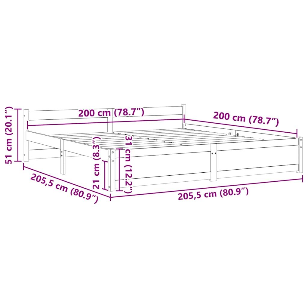 Solid Wood Bed Frame, 200x200 cm - Natural Finish, No Mattress