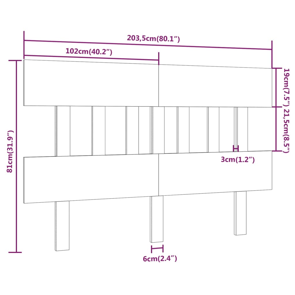 Solid Pine Grey Bed Headboard - 203.5x3x81 cm