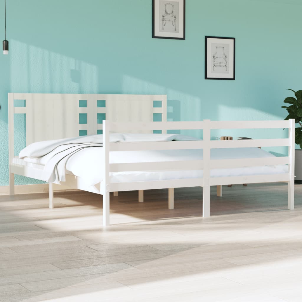 King Size Solid Pine Wood Bed Frame, White 150x200 cm