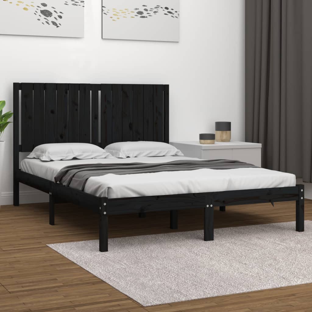 Solid Pine Wood Bed Frame, Black, 140x190 cm - No Mattress
