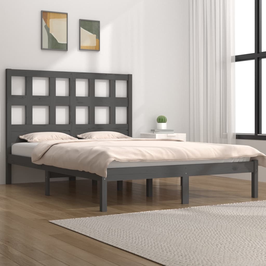 Solid Pine Wood Bed Frame 200x200cm - Grey Finish, No Mattress