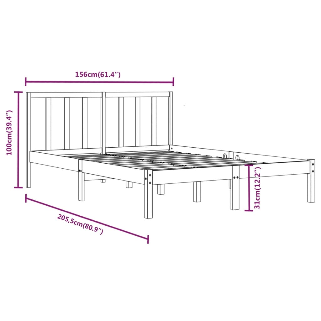 Black Solid Wood King Size Bed Frame 150x200 cm - No Mattress