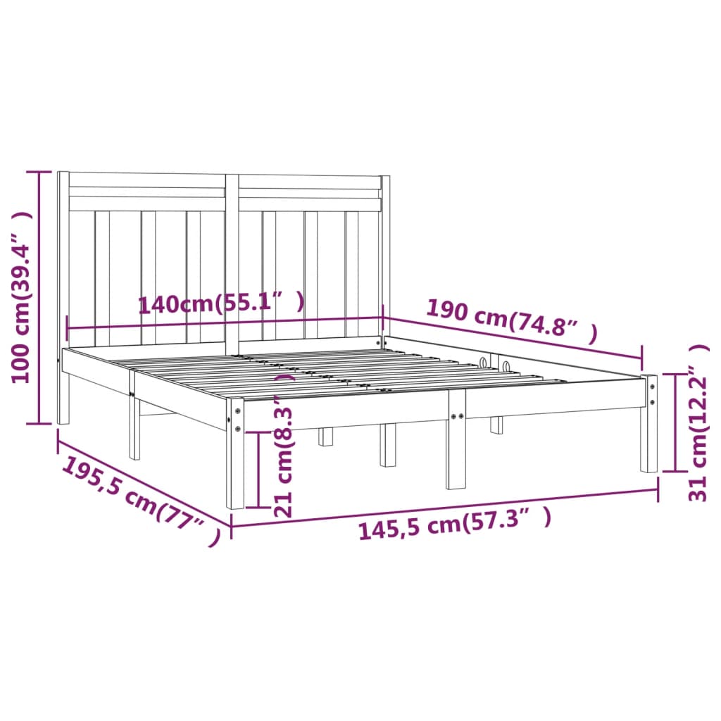 Solid Wood Bed Frame - Black 140x190 cm | No Mattress Included