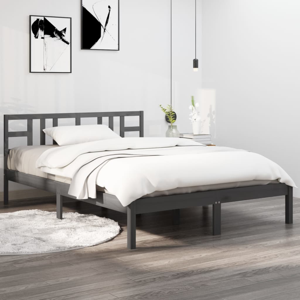Solid Wood Grey Bed Frame 200x200 cm - No Mattress Included