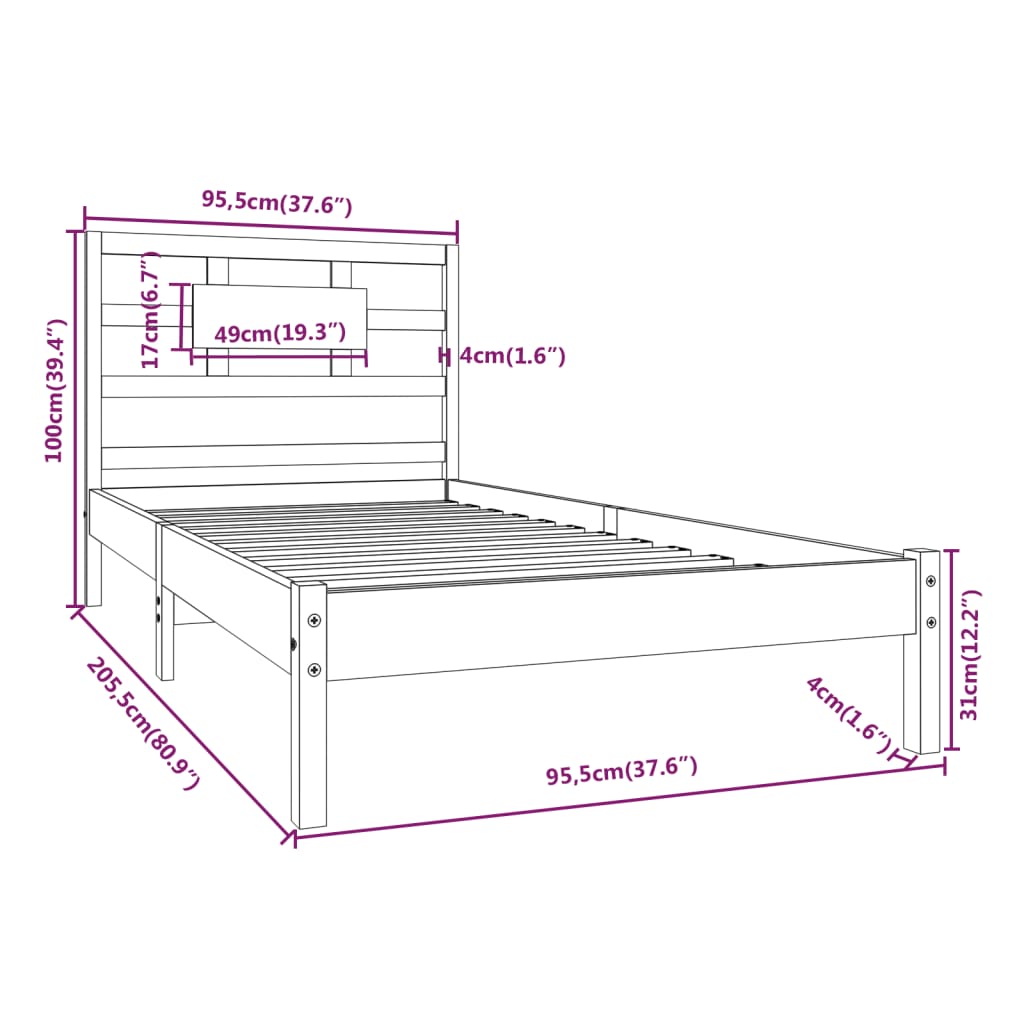 Solid Wood Bed Frame - White, 90x200 cm (No Mattress)