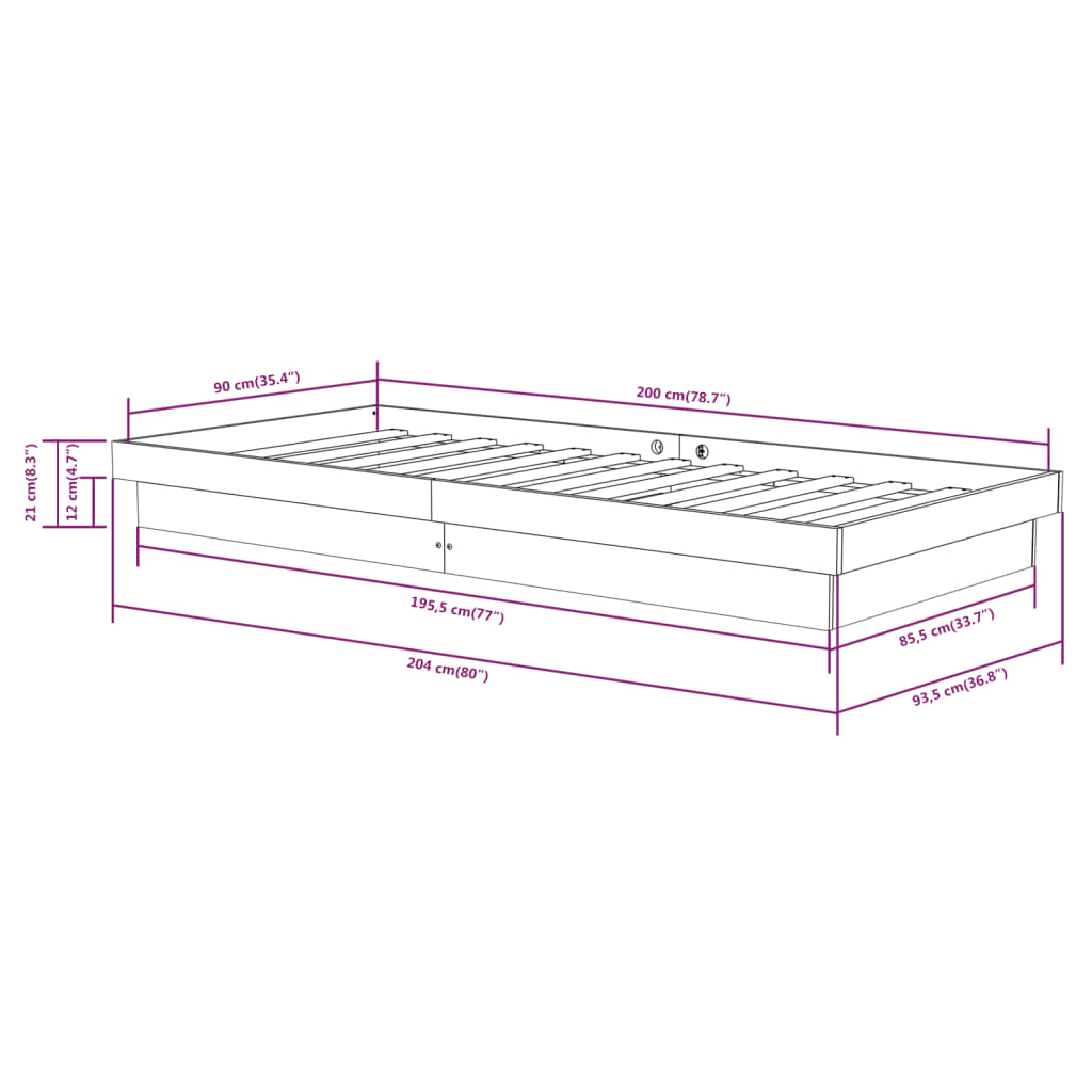 vidaXL Solid Wood Bed Frame 90x200 cm – No Mattress Included