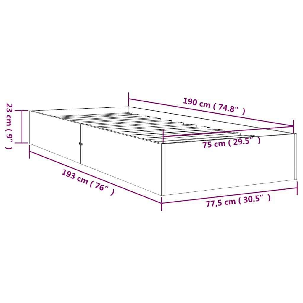 Solid Wood Small Single Bed Frame 75x190 cm - No Mattress