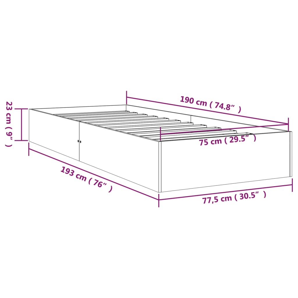 Grey Solid Wood Small Single Bed Frame, 75x190 cm - No Mattress