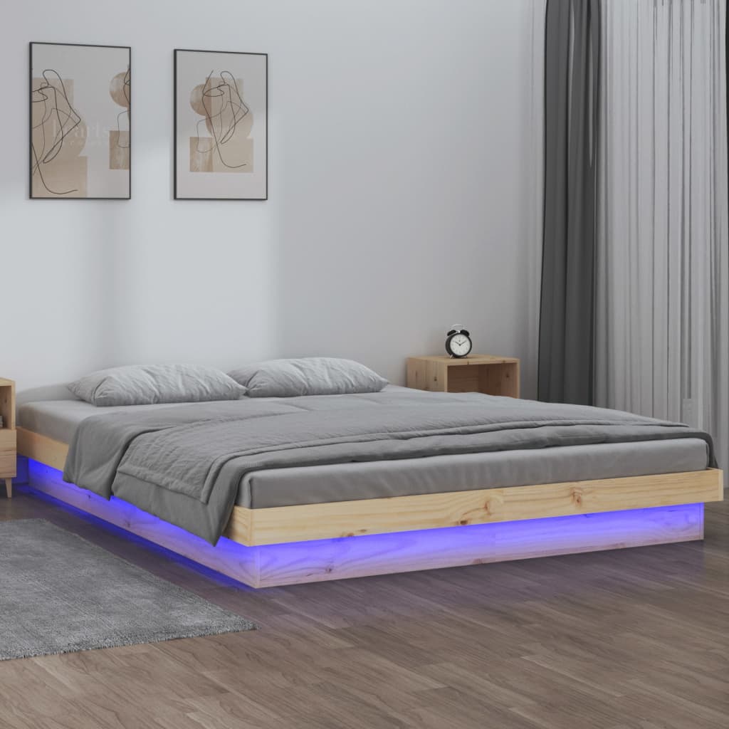 Solid Wood LED Bed Frame 200x200 cm, Mattress Not Included