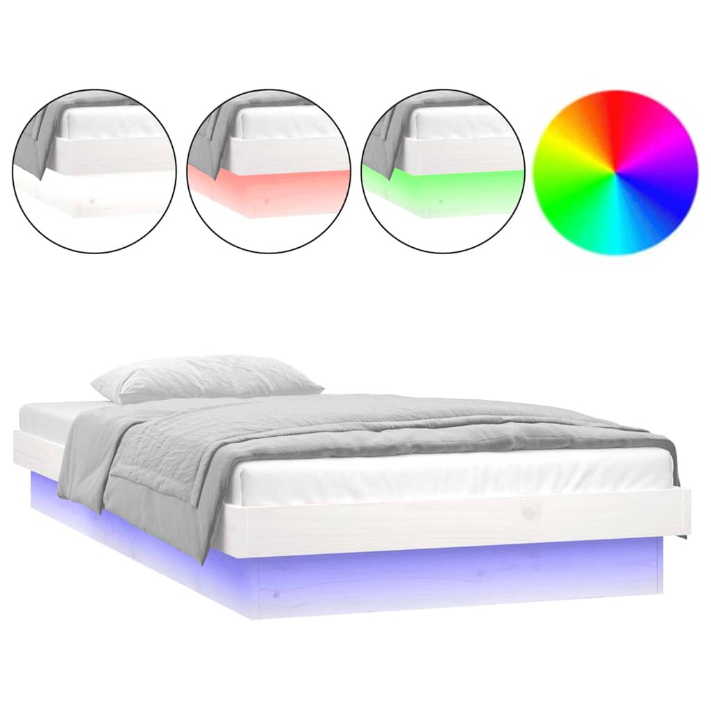 White Solid Wood LED Bed Frame, Small Single - No Mattress