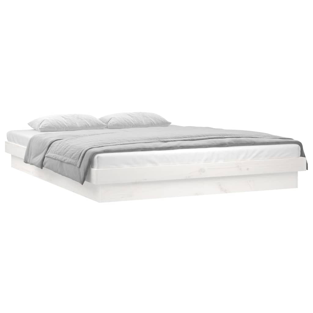 White Solid Wood LED Bed Frame, 140x190 cm, No Mattress Included