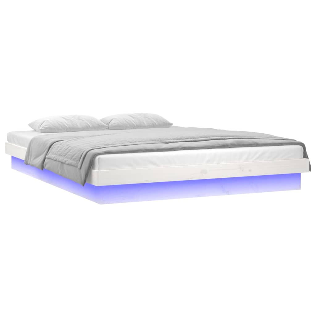 White Solid Wood LED Bed Frame, 140x190 cm, No Mattress Included