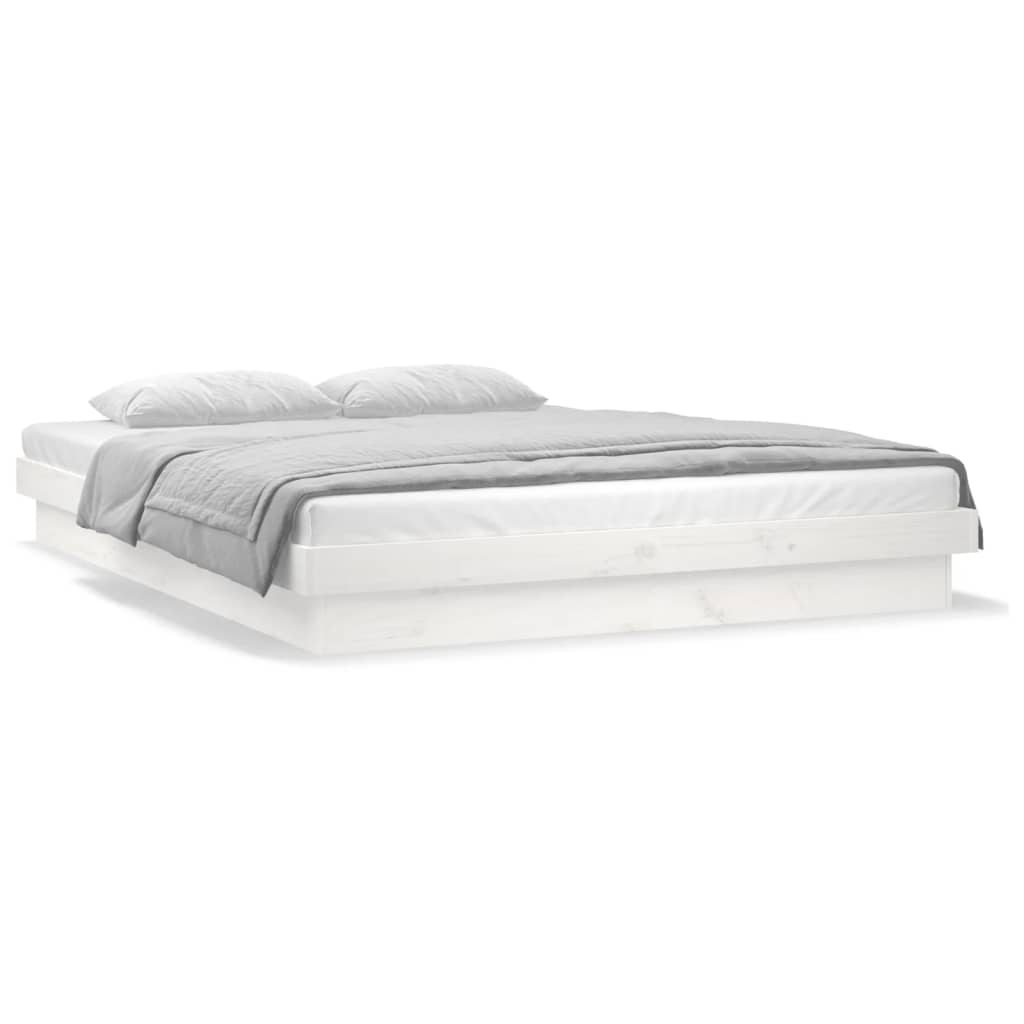White Solid Wood LED Bed Frame, 140x190 cm, No Mattress Included