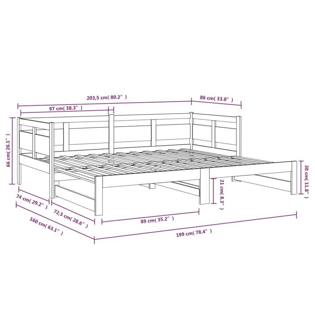 Black Pull-out Day Bed Frame 2x(80x200) cm - No Mattress Included