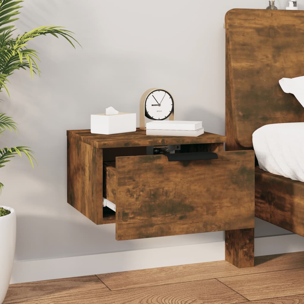 Smoked Oak Wall-Mounted Bedside Cabinets Set, 34x30x20 cm