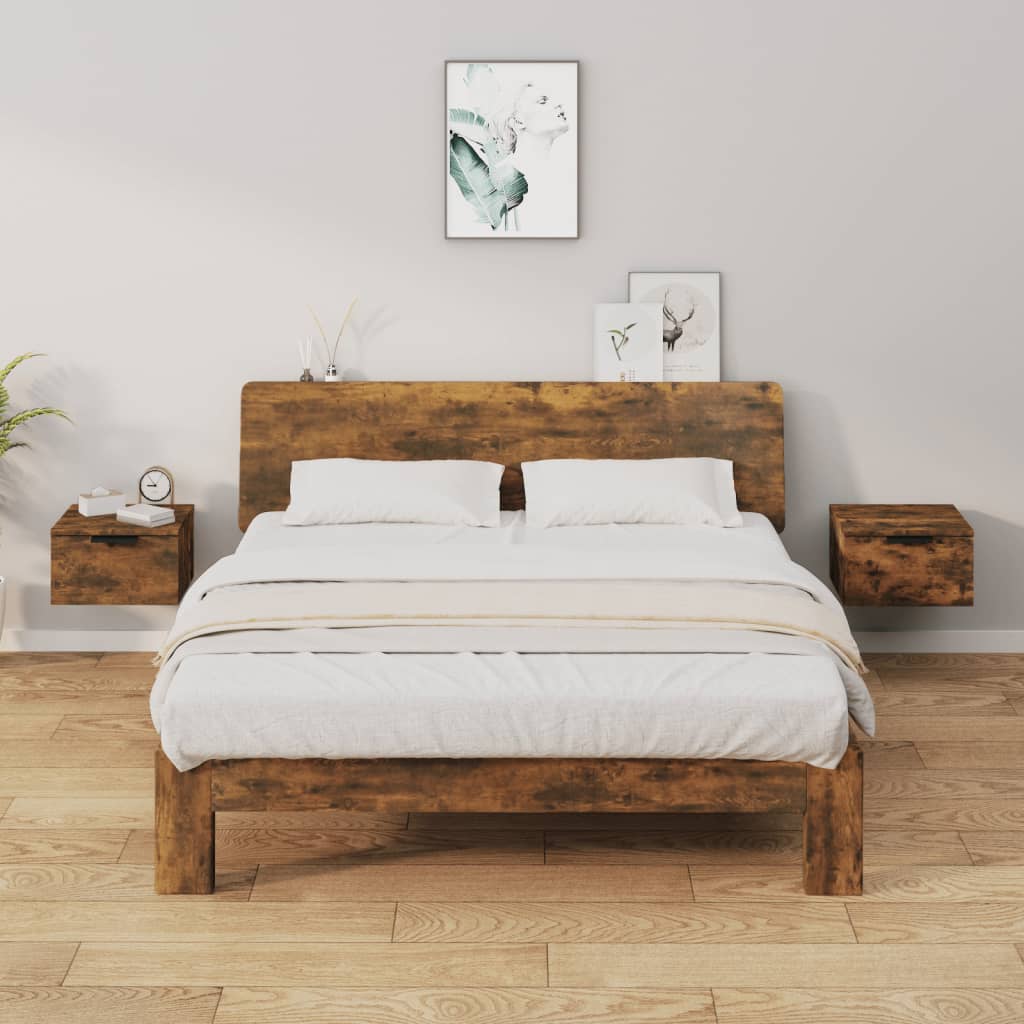 Smoked Oak Wall-Mounted Bedside Cabinets Set, 34x30x20 cm