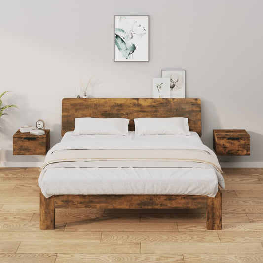 Smoked Oak Wall-Mounted Bedside Cabinets Set, 34x30x20 cm