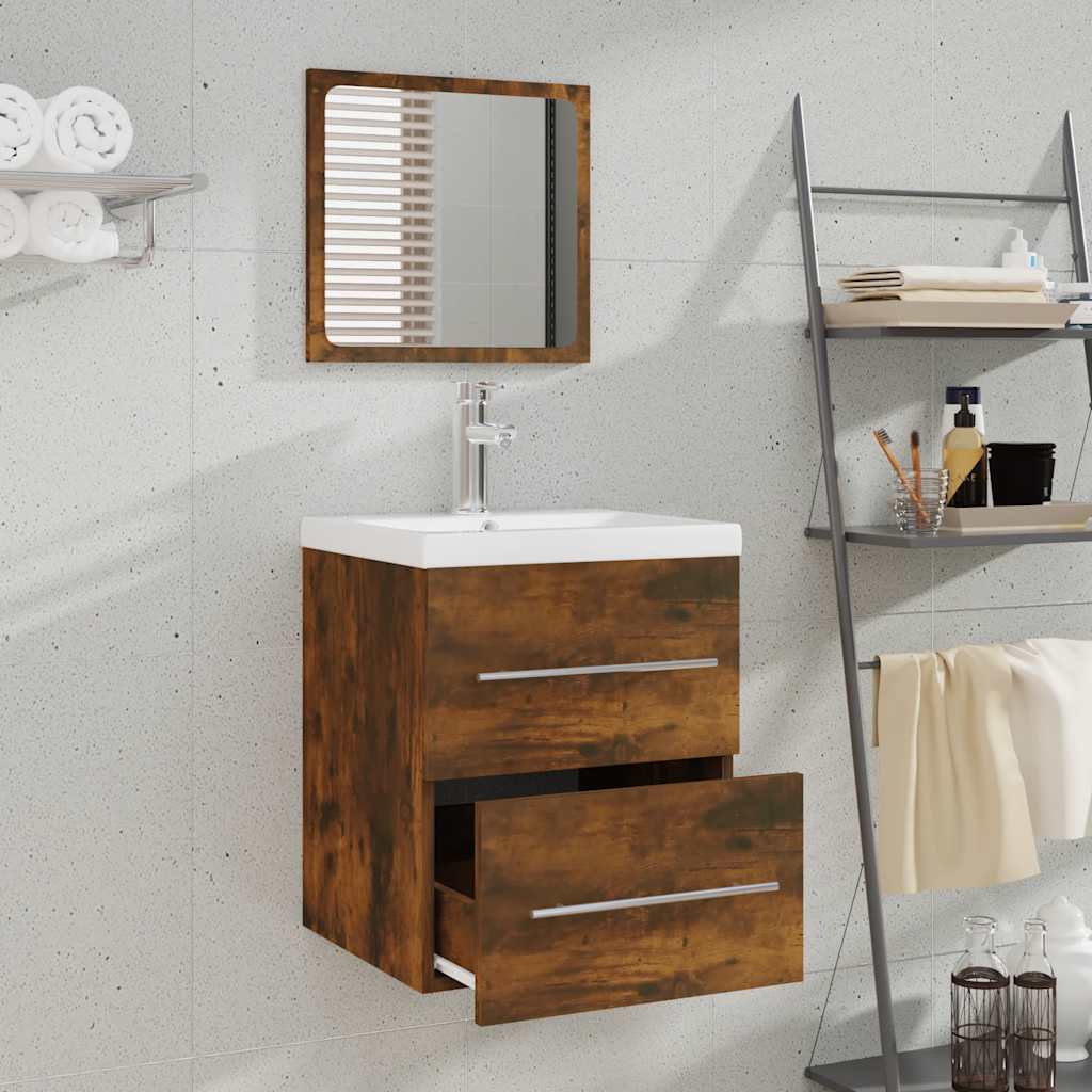 Smoked Oak Bathroom Cabinet with Mirror - Engineered Wood, 41x38.5x48 cm