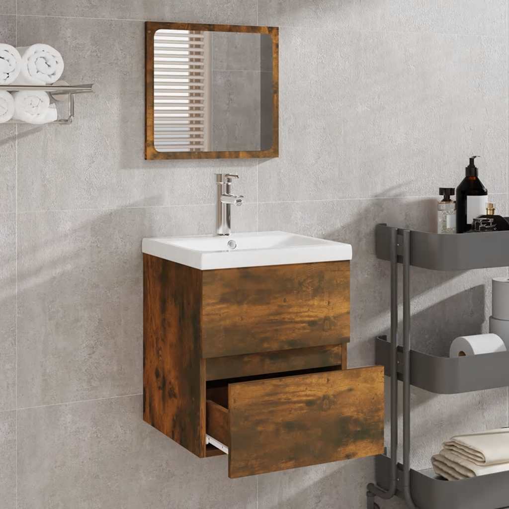 Smoked Oak Engineered Wood Bathroom Cabinet with Mirror