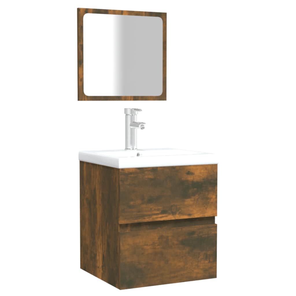 Smoked Oak Engineered Wood Bathroom Cabinet with Mirror