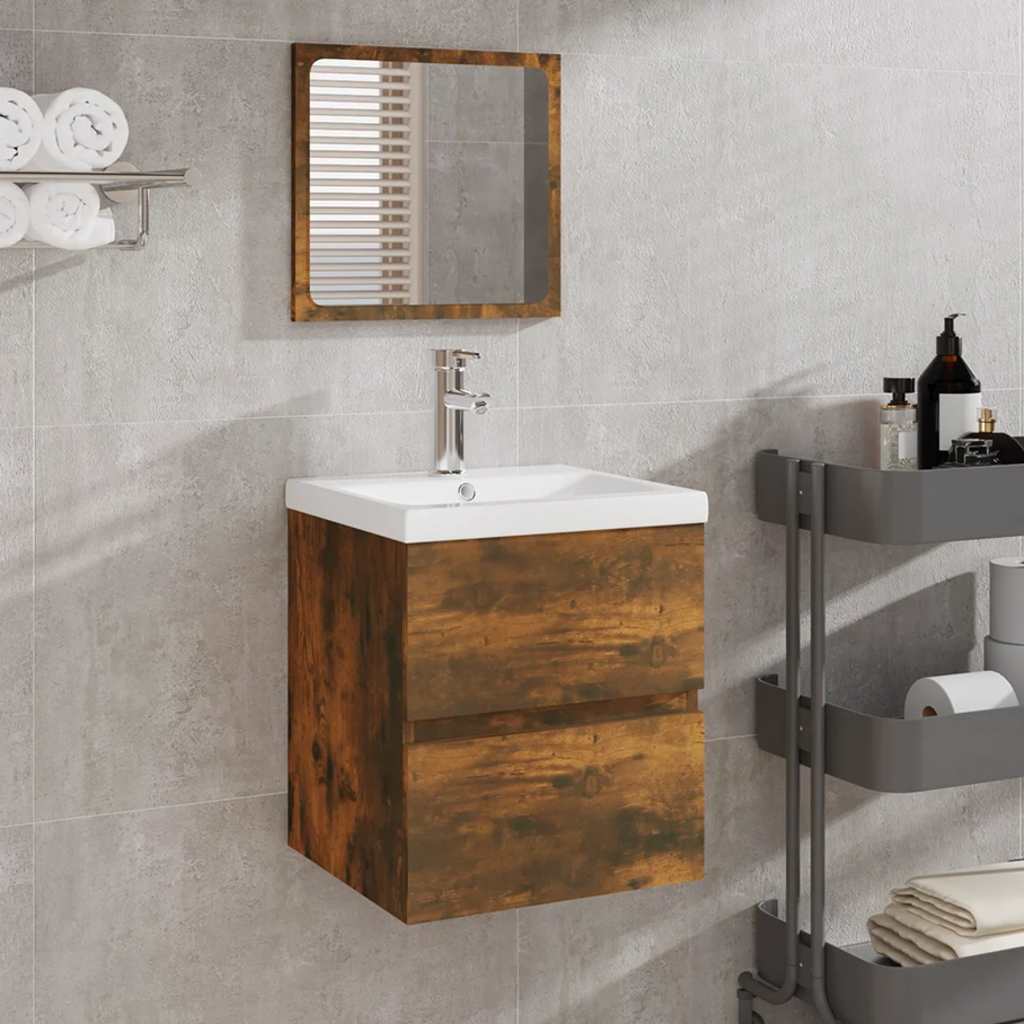 Smoked Oak Engineered Wood Bathroom Cabinet with Mirror