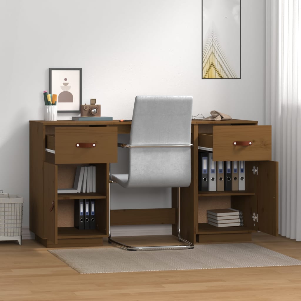 Honey Brown Solid Pine Desk with Cabinets - 135x50x75 cm