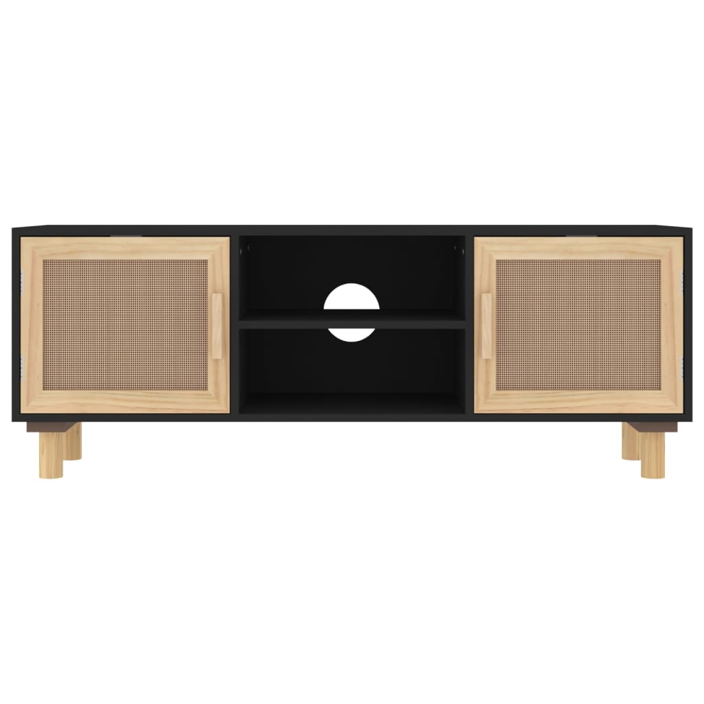 TV Cabinet Black 105x30x40 cm Solid Wood Pine&Natural Rattan