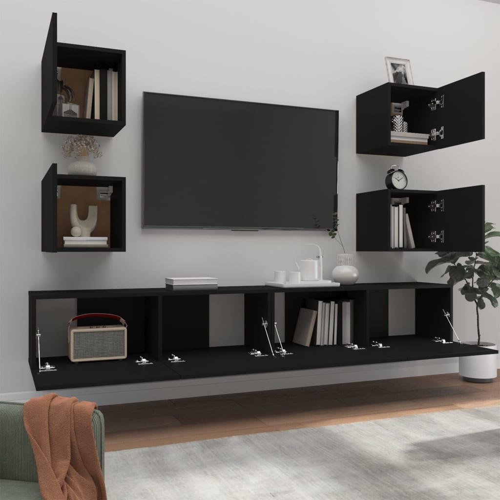 6 Piece TV Cabinet Set Black Engineered Wood