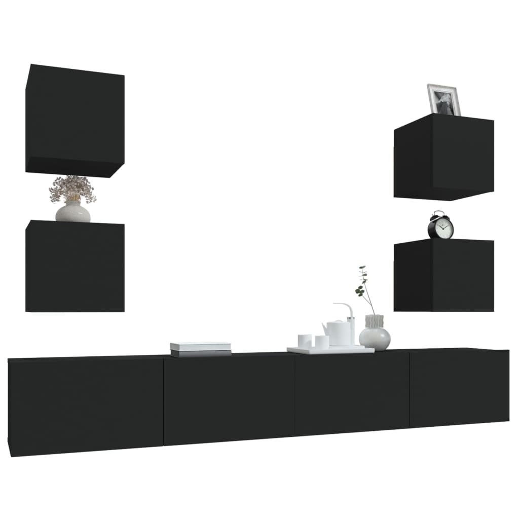6 Piece TV Cabinet Set Black Engineered Wood